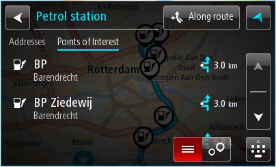 2. Vyberte možnost Čerpací stanice. Otevře se mapa zobrazující polohy čerpacích stanic. Pokud je naplánována trasa, zobrazují se na mapě čerpací stanice podél trasy.