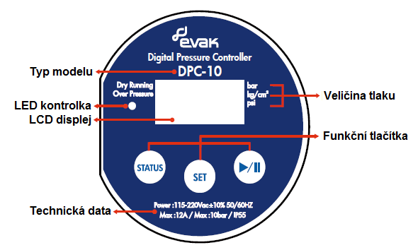 Návod k obsluze Digitální tlakový spínač DPC-10 Obsah 1. Ovládací panel 2. Technická data 3. Schéma zapojení 4. Popis funkčních tlačítek 5. Popis stavů LED světel 6. Zobrazení a nastavení parametrů 7.