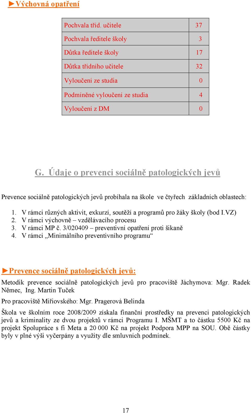 V rámci různých aktivit, exkurzí, soutěží a programů pro žáky školy (bod I.VZ) 2. V rámci výchovně vzdělávacího procesu 3. V rámci MP č. 3/020409 preventivní opatření proti šikaně 4.