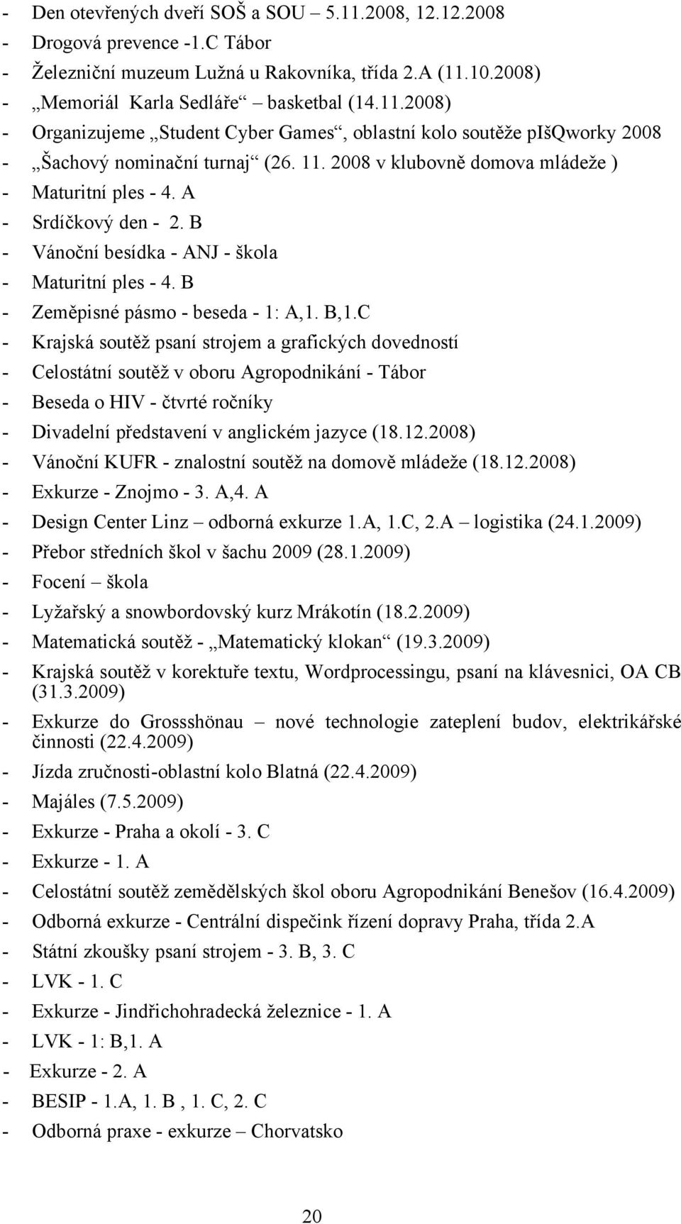 C - Krajská soutěž psaní strojem a grafických dovedností - Celostátní soutěž v oboru Agropodnikání - Tábor - Beseda o HIV - čtvrté ročníky - Divadelní představení v anglickém jazyce (18.12.