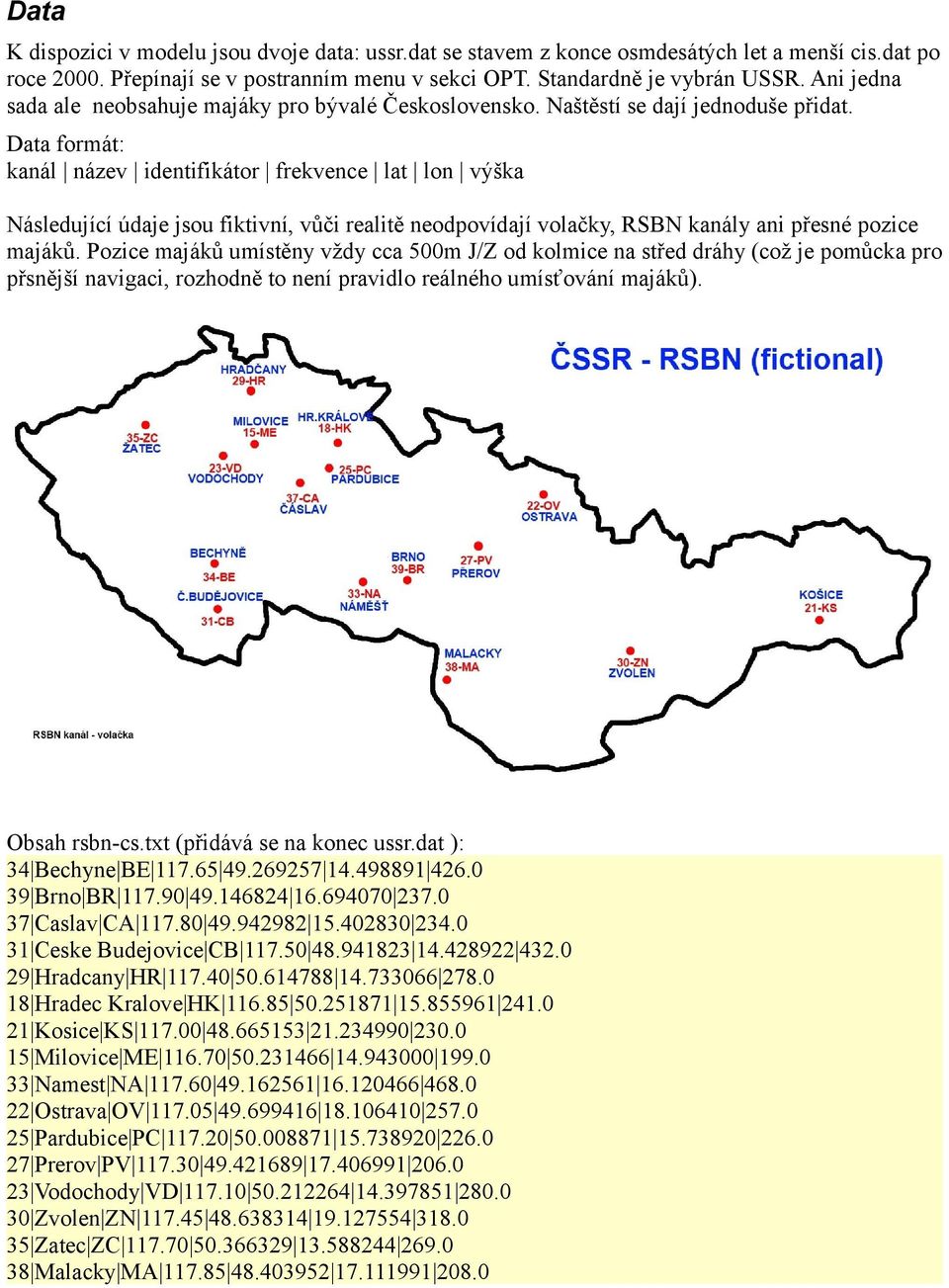 Data formát: kanál název identifikátor frekvence lat lon výška Následující údaje jsou fiktivní, vůči realitě neodpovídají volačky, RSBN kanály ani přesné pozice majáků.