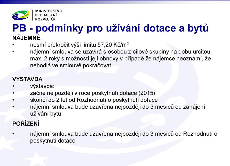 2 roky s možností její obnovy v případě že nájemce neoznámí, že nehodlá ve smlouvě pokračovat VÝSTAVBA výstavba: začne nejpozději v roce