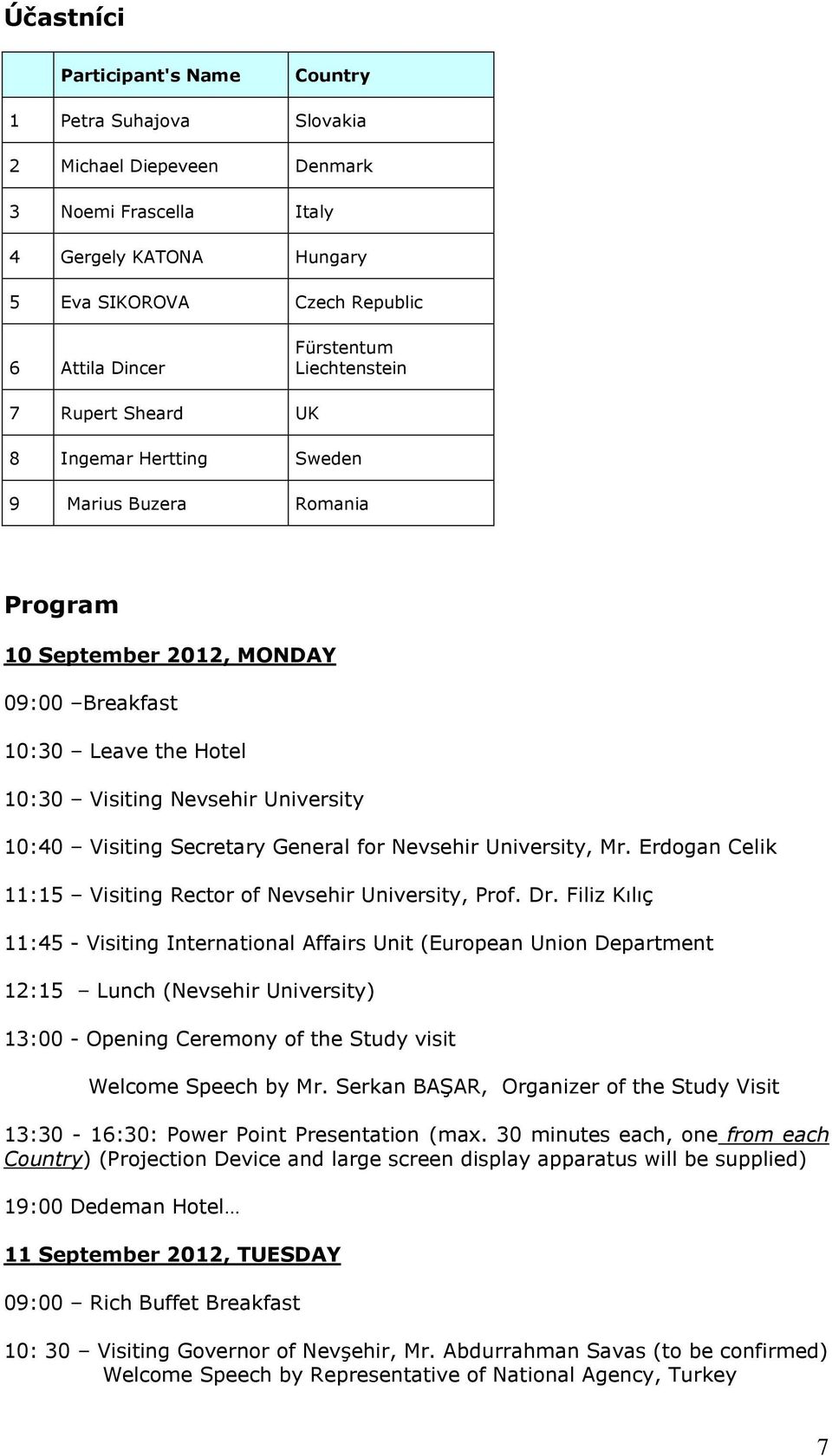 Visiting Secretary General for Nevsehir University, Mr. Erdogan Celik 11:15 Visiting Rector of Nevsehir University, Prof. Dr.