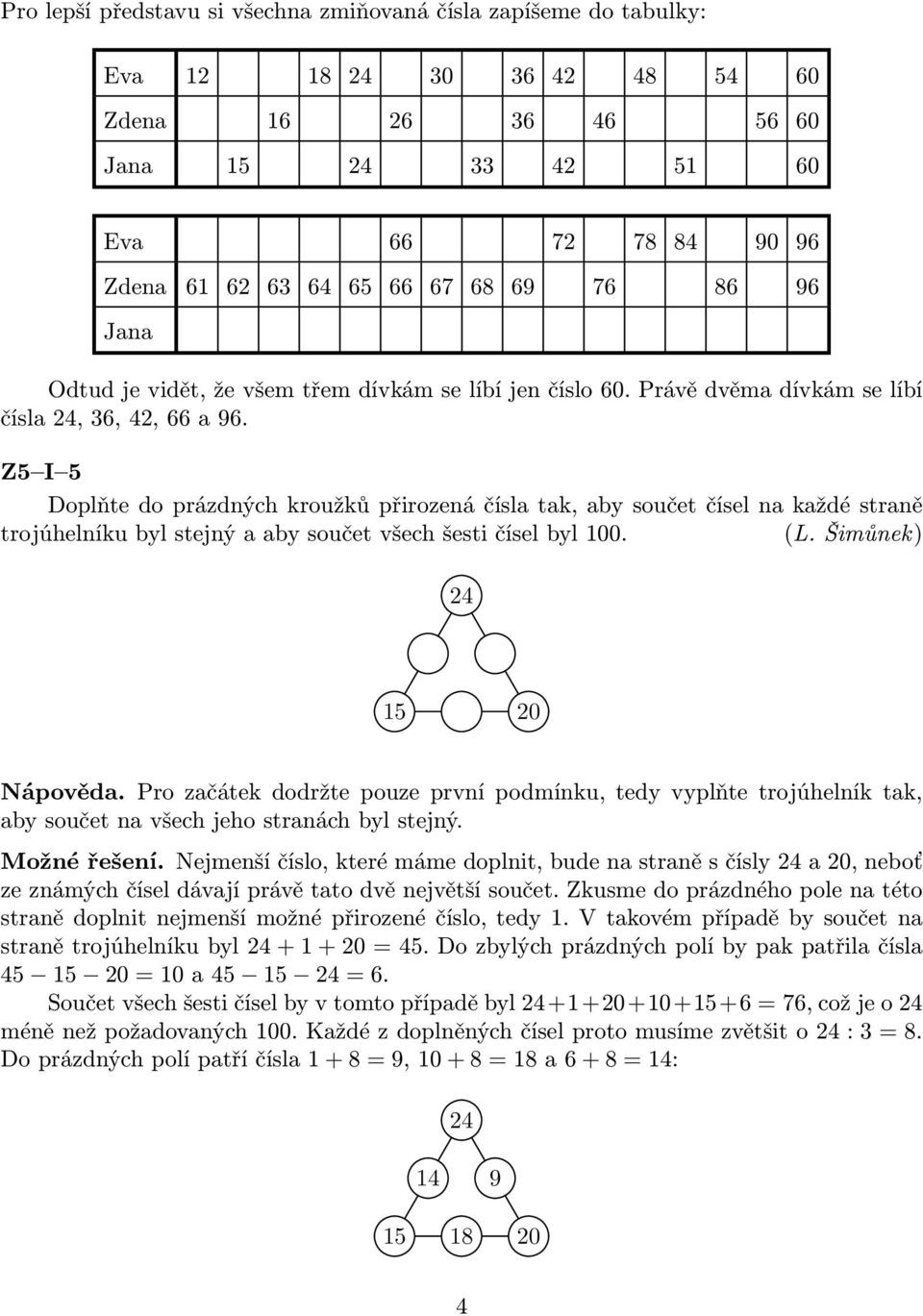 Z5 I 5 Doplňte do prázdných kroužků přirozená čísla tak, aby součet čísel na každé straně trojúhelníku byl stejný a aby součet všech šesti čísel byl 100. (L. Šimůnek) 24 15 20 Nápověda.