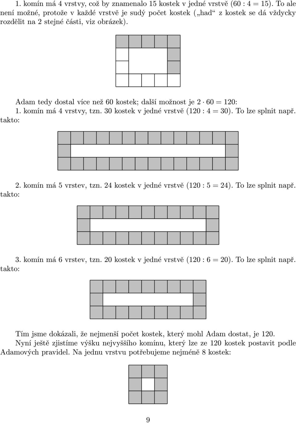 Adam tedy dostal více než 60 kostek; další možnost je 2 60 = 120: 1. komín má 4 vrstvy, tzn. 30 kostek v jedné vrstvě (120 : 4 = 30). To lze splnit např. takto: 2. komín má 5 vrstev, tzn.