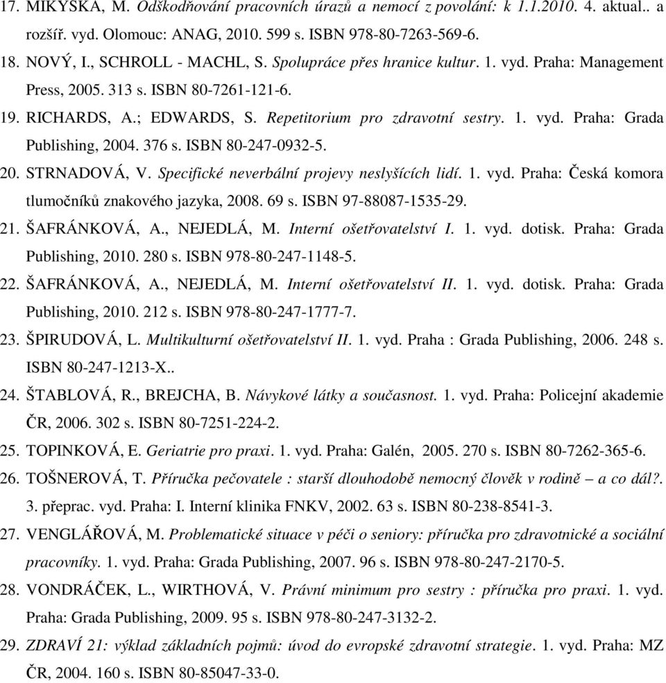 376 s. ISBN 80-247-0932-5. 20. STRNADOVÁ, V. Specifické neverbální projevy neslyšících lidí. 1. vyd. Praha: Česká komora tlumočníků znakového jazyka, 2008. 69 s. ISBN 97-88087-1535-29. 21.