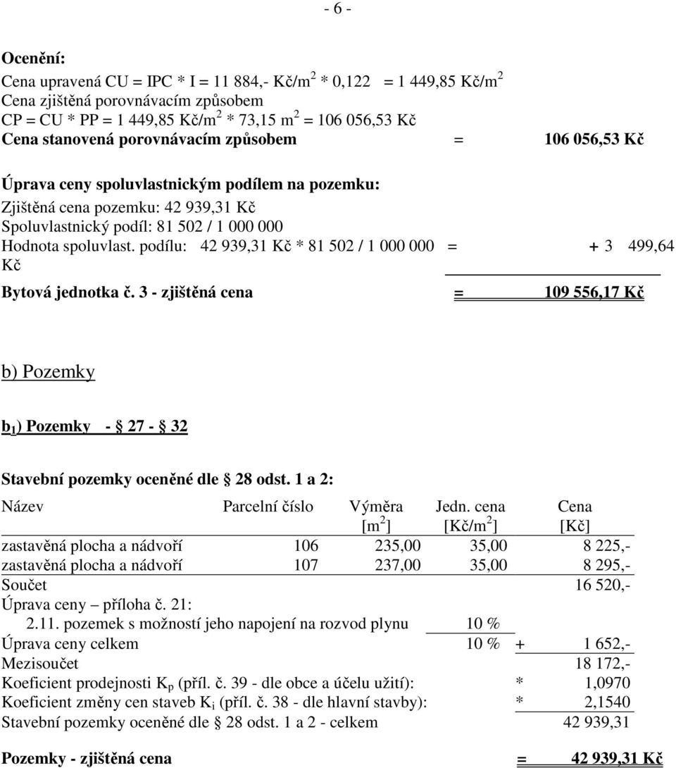 podílu: 42 939,31 Kč * 81 502 / 1 000 000 = + 3 499,64 Kč Bytová jednotka č. 3 - zjištěná cena = 109 556,17 Kč b) Pozemky b 1 ) Pozemky - 27-32 Stavební pozemky oceněné dle 28 odst.