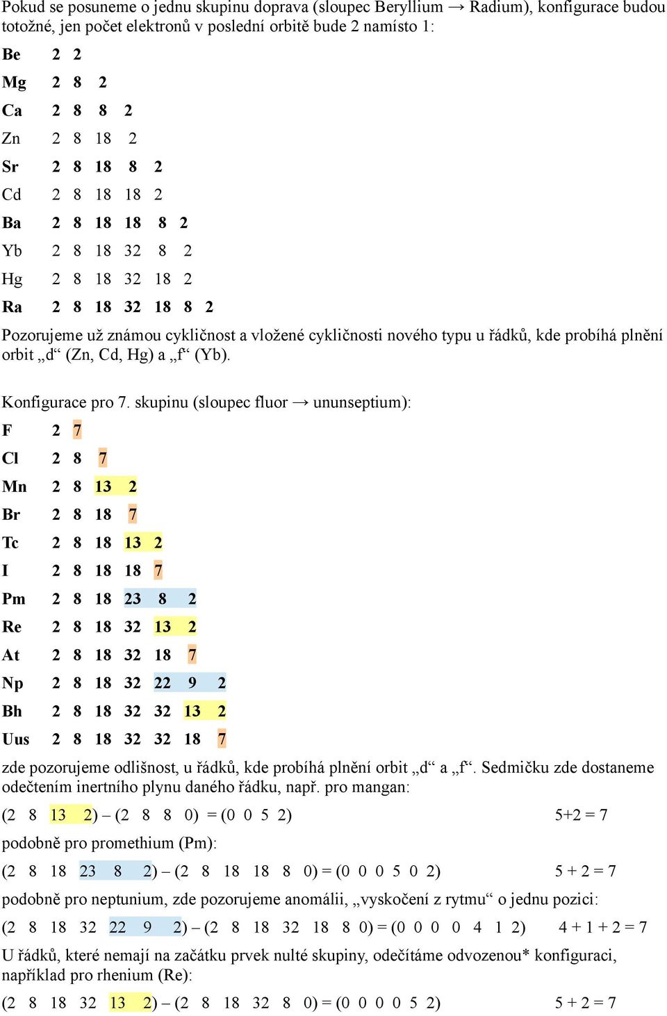 skupinu (sloupec fluor ununseptium): F 7 Cl 8 Mn 8 13 Br 8 18 7 Tc 8 18 13 I 8 18 18 7 Pm 8 18 3 8 Re 8 18 3 13 At 8 18 3 18 7 Np 8 18 3 9 Bh 8 18 3 3 13 Uus 8 18 3 3 18 7 7 zde pozorujeme odlišnost,