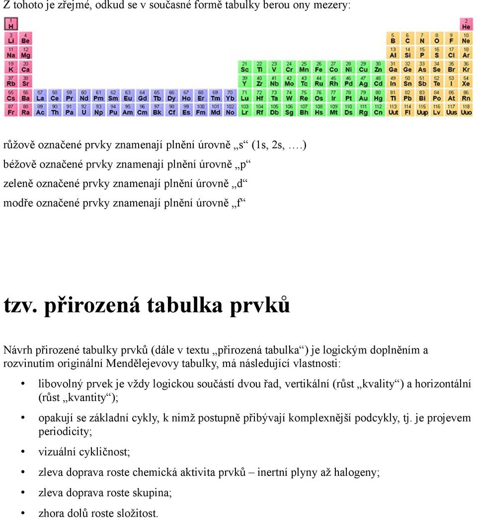 přirozená tabulka prvků Návrh přirozené tabulky prvků (dále v textu přirozená tabulka ) je logickým doplněním a rozvinutím originální Mendělejevovy tabulky, má následující vlastnosti: libovolný prvek