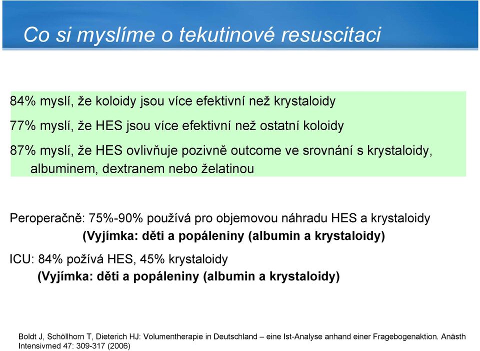 náhradu HES a krystaloidy (Vyjímka: děti a popáleniny (albumin a krystaloidy) ICU: 84% požívá HES, 45% krystaloidy (Vyjímka: děti a popáleniny (albumin a