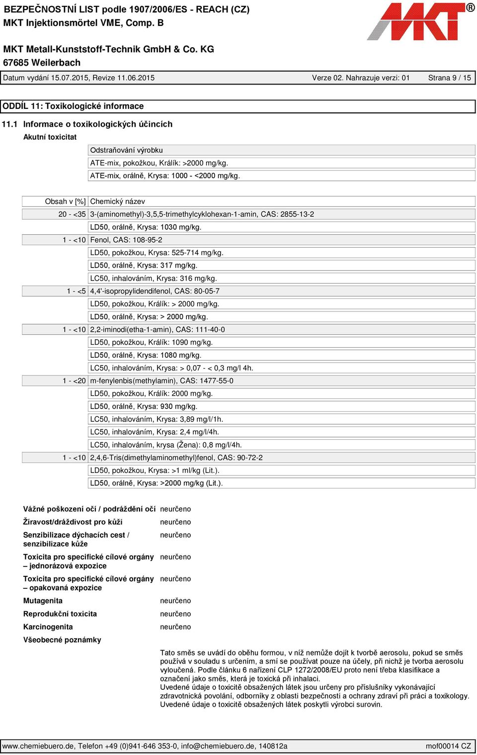 LC50, inhalováním, Krysa: 316 mg/kg. 1 - <5 4,4'-isopropylidendifenol, CAS: 80-05-7 LD50, pokožkou, Králík: > 2000 mg/kg.