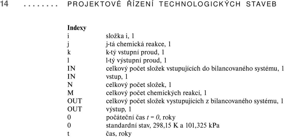 vstup, 1 N celkový počet složek, 1 M celkový počet chemických reakcí, 1 OUT celkový počet složek vystupujících z