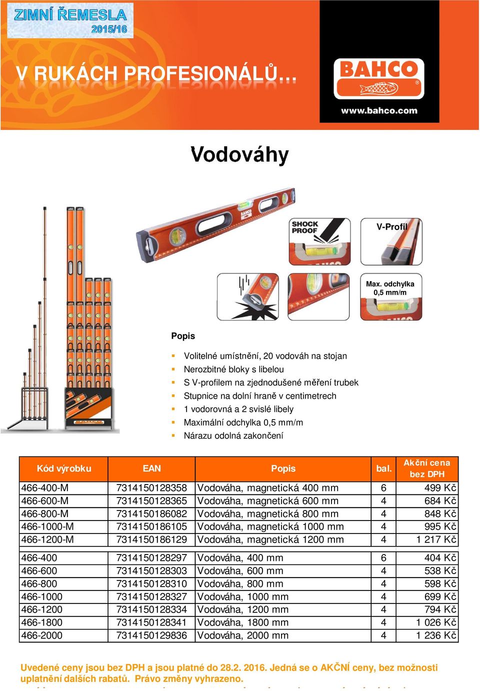 libely Maximální odchylka 0,5 mm/m Nárazu odolná zakončení Kód výrobku EAN Popis bal.