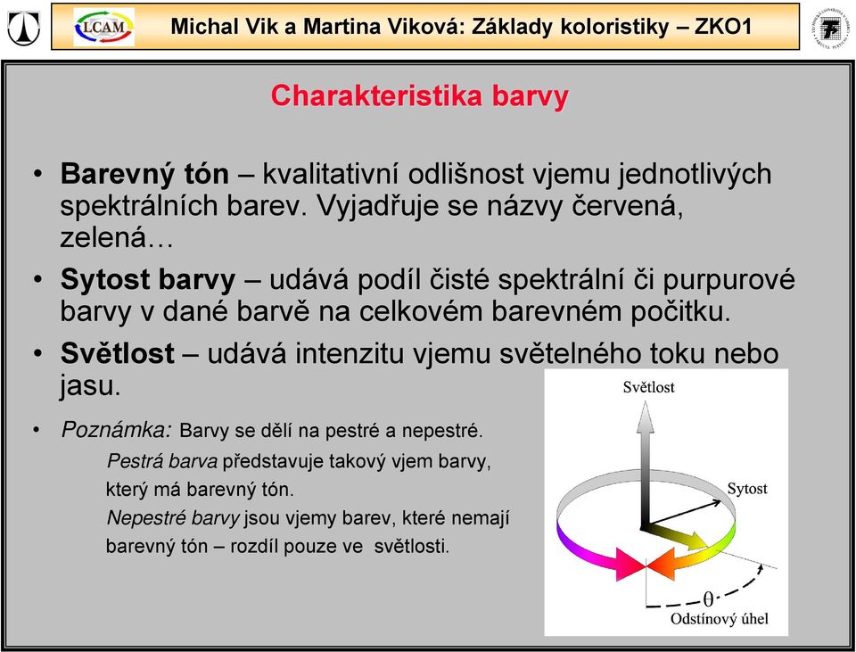 barevném počitku. Světlost udává intenzitu vjemu světelného toku nebo jasu. Poznámka: Barvy se dělí na pestré a nepestré.