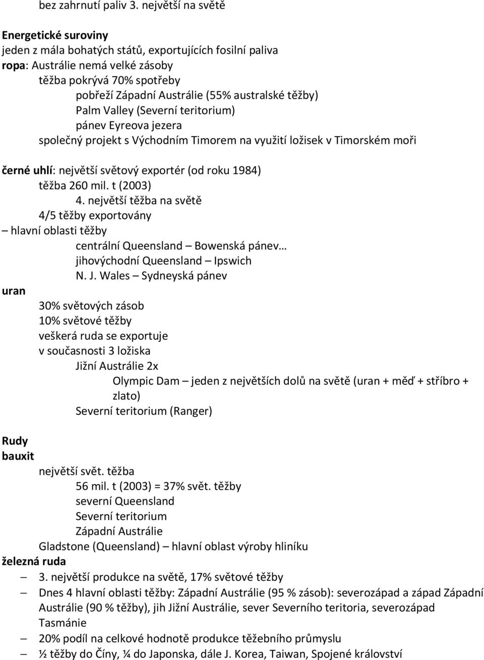 těžby) Palm Valley (Severní teritorium) pánev Eyreova jezera společný projekt s Východním Timorem na využití ložisek v Timorském moři černé uhlí: největší světový exportér (od roku 1984) těžba 260