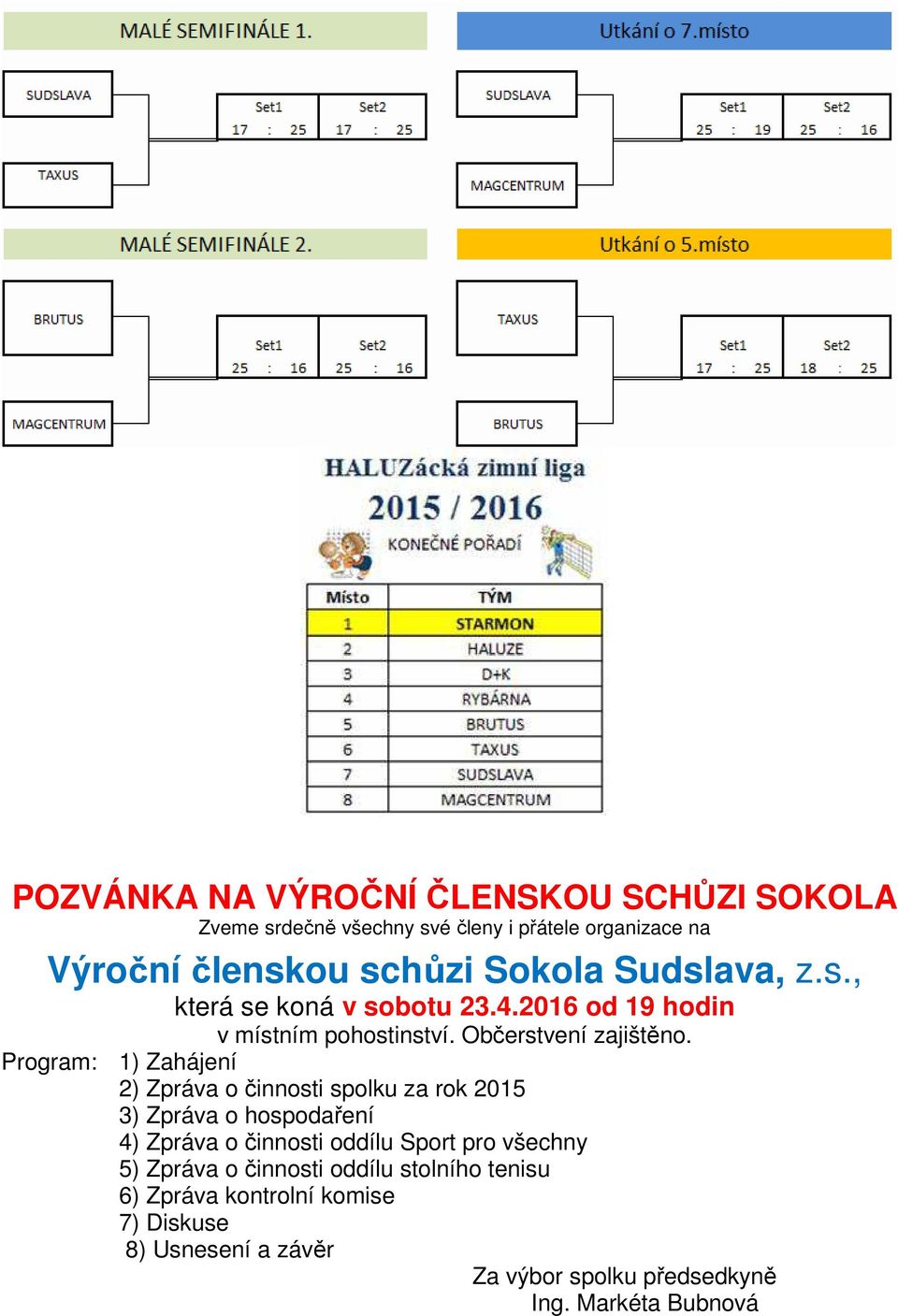 Program: 1) Zahájení 2) Zpráva o činnosti spolku za rok 2015 3) Zpráva o hospodaření 4) Zpráva o činnosti oddílu Sport pro