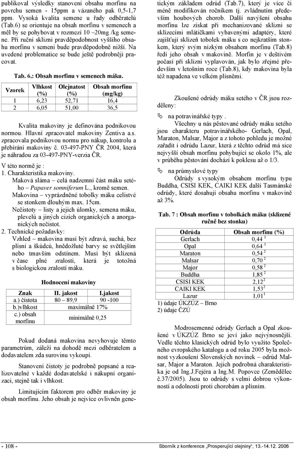 Na uvedené problematice se bude ještě podrobněji pracovat. Tab. 6.: Obsah morfinu v semenech máku.