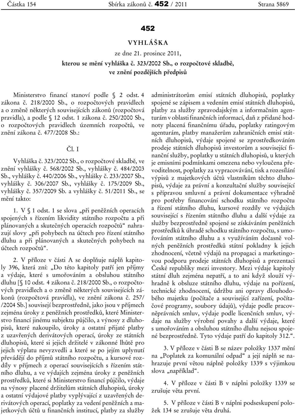 , o rozpočtových pravidlech územních rozpočtů, ve znění zákona č. 477/2008 Sb.: Čl. I Vyhláška č. 323/2002 Sb., o rozpočtové skladbě, ve znění vyhlášky č. 568/2002 Sb., vyhlášky č. 484/2003 Sb.