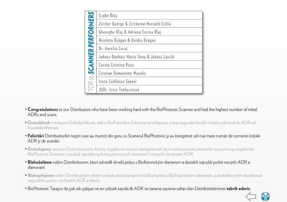 Lívia Totkovičová Congratulations to our Distributors who have been working hard with the BioPhotonic Scanner and had the highest number of initial ADRs and scans.