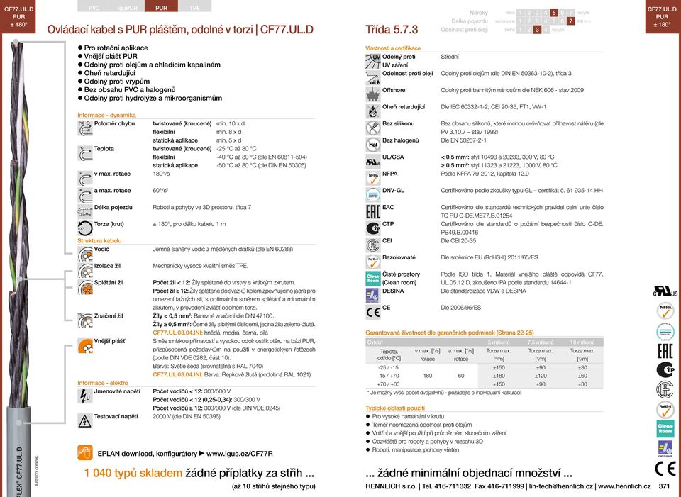 (dle DIN EN 50363-10-2), třída 3 Offshore Odolný proti bahnitým nánosům dle NEK 606 - stav 2009 Oheň retardující Dle IEC 60332-1-2, I 20-35, FT1, VW-1 Bez silikonu Bez obsahu silikonů, které mohou