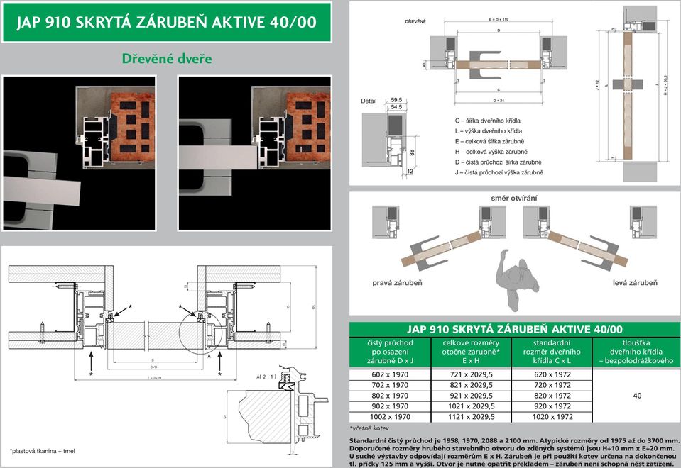 rozměr dveřního křídla C x L tloušťka dveřního křídla bezpolodrážkového 602 x 1970 721 x 2029,5 620 x 1972 702 x 1970 821 x 2029,5 720 x 1972 802 x 1970 921 x 2029,5 820 x 1972 40 902 x 1970 1021 x