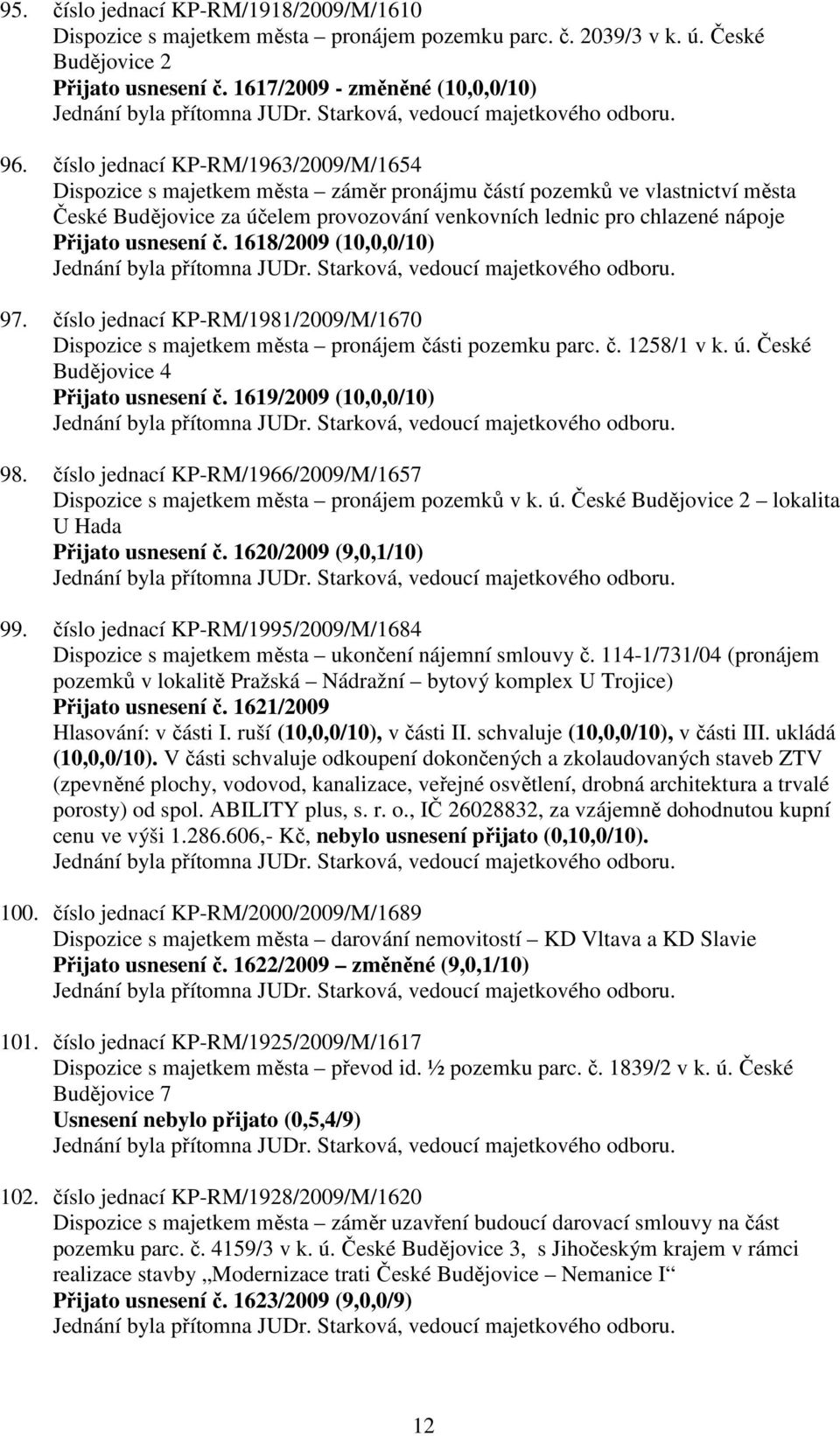 usnesení č. 1618/2009 (10,0,0/10) 97. číslo jednací KP-RM/1981/2009/M/1670 Dispozice s majetkem města pronájem části pozemku parc. č. 1258/1 v k. ú. České Budějovice 4 Přijato usnesení č.