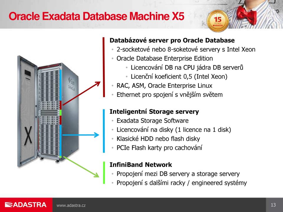 spojení s vnějším světem Inteligentní Storage servery Exadata Storage Software Licencování na disky (1 licence na 1 disk) Klasické HDD nebo