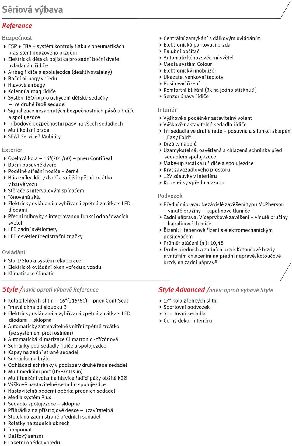 řidiče a spolujezdce Tříbodové bezpečnostní pásy na všech sedadlech Multikolizní brzda SEAT Service Mobility Exteriér Ocelová kola 16"(205/60) pneu ContiSeal Boční posuvné dveře Podélné střešní