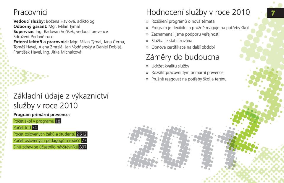 Jitka Michalcová Hodnocení služby v roce 2010» Rozšíření programů o nová témata» Program je flexibilní a pružně reaguje na potřeby škol» Zaznamenali jsme podporu veřejnosti» Služba je stabilizována»