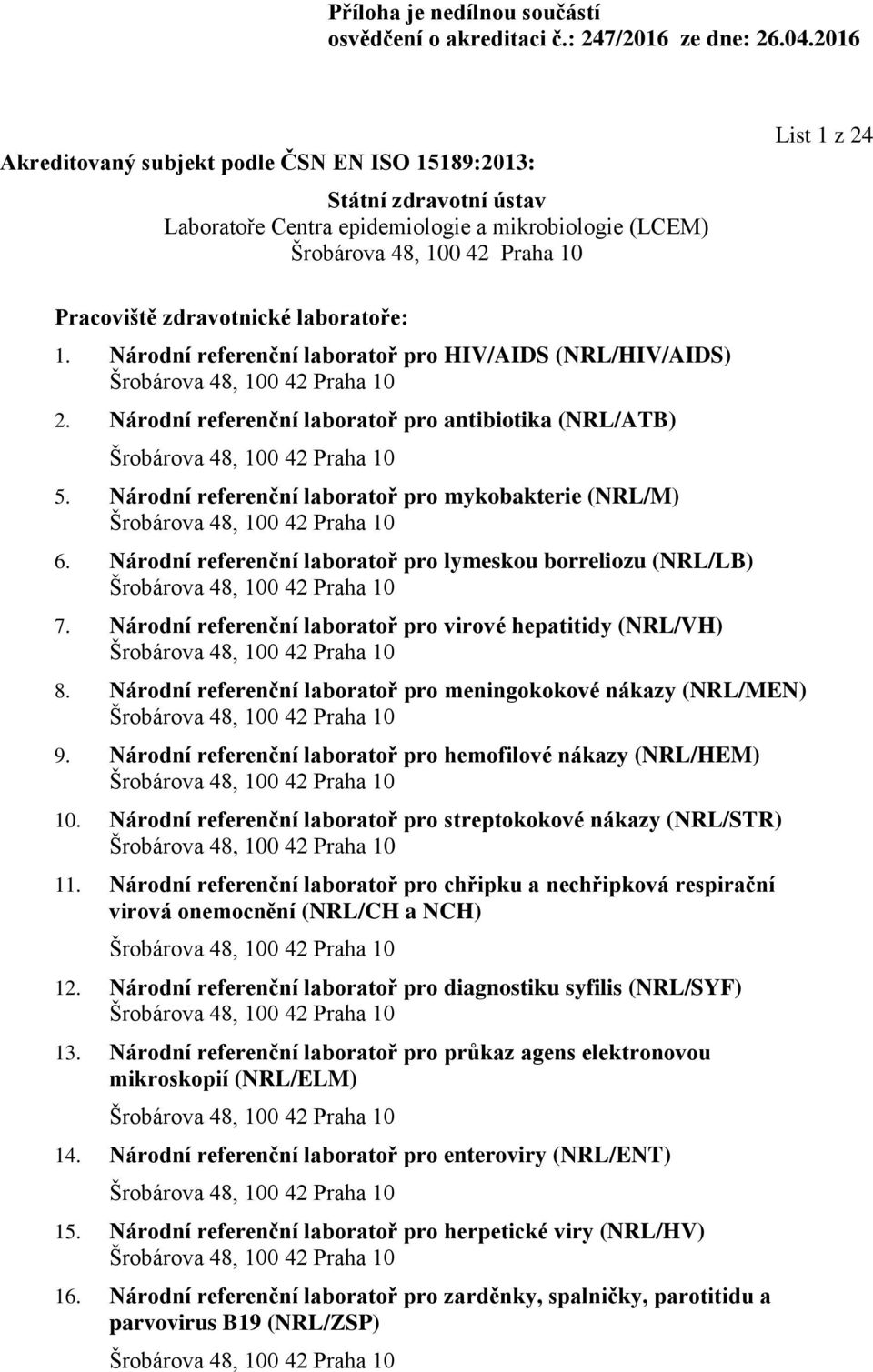 Národní referenční laboratoř pro meningokokové nákazy (NRL/MEN) 9. Národní referenční laboratoř pro hemofilové nákazy (NRL/HEM) 10. Národní referenční laboratoř pro streptokokové nákazy (NRL/STR) 11.