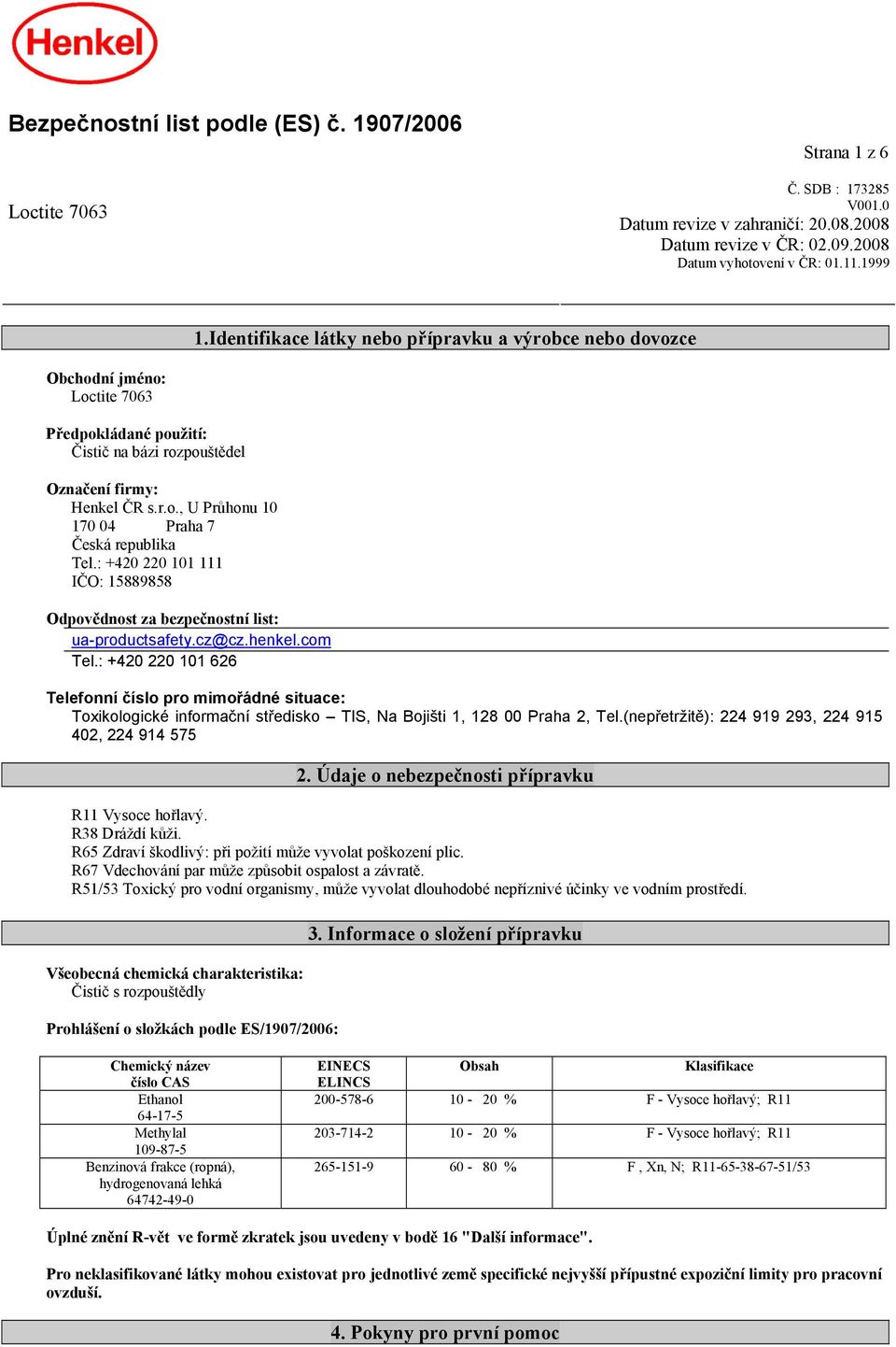 : +420 220 101 111 IČO: 15889858 Odpovědnost za bezpečnostní list: ua-productsafety.cz@cz.henkel.com Tel.