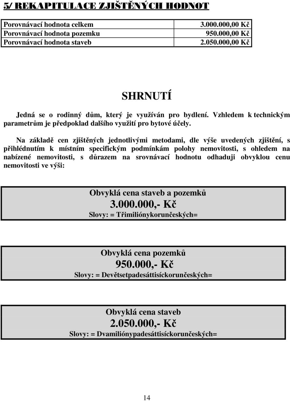 Na základě cen zjištěných jednotlivými metodami, dle výše uvedených zjištění, s přihlédnutím k místním specifickým podmínkám polohy nemovitosti, s ohledem na nabízené nemovitosti, s důrazem na