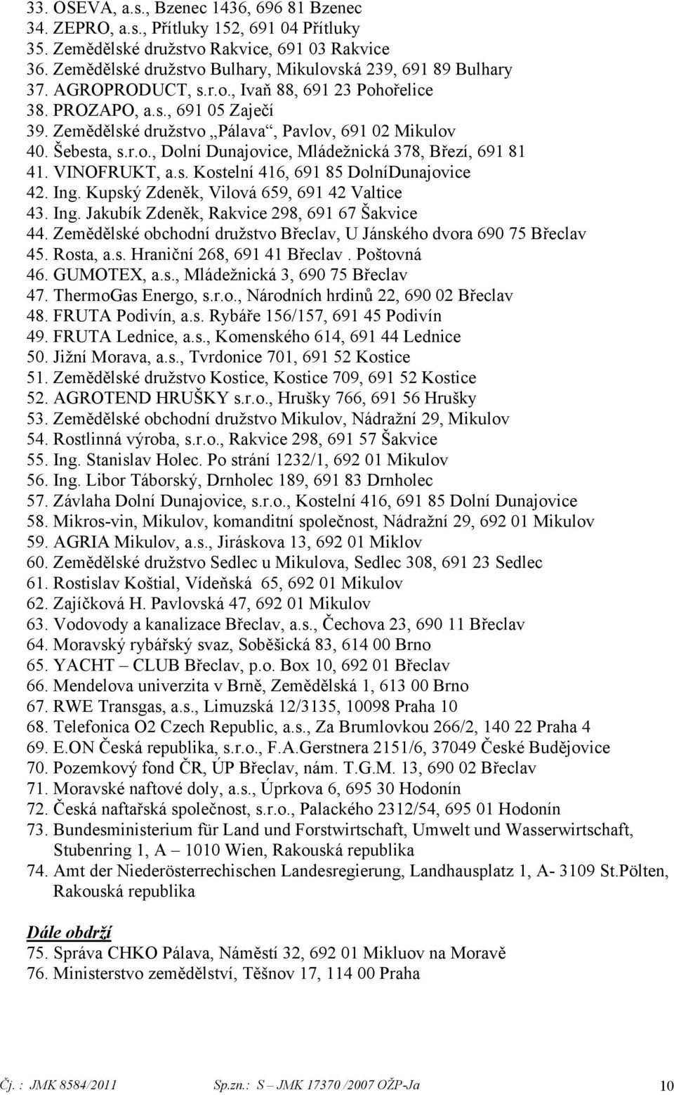 Zemědělské družstvo Pálava, Pavlov, 691 02 Mikulov 40. Šebesta, s.r.o., Dolní Dunajovice, Mládežnická 378, Březí, 691 81 41. VINOFRUKT, a.s. Kostelní 416, 691 85 DolníDunajovice 42. Ing.