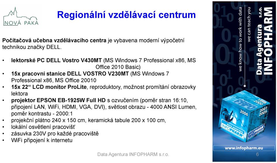 20010 15x 22 LCD monitor ProLite, reproduktory, možnost promítání obrazovky lektora projektor EPSON EB-1925W Full HD s ozvučením (poměr stran 16:10, připojení LAN, WiFi,