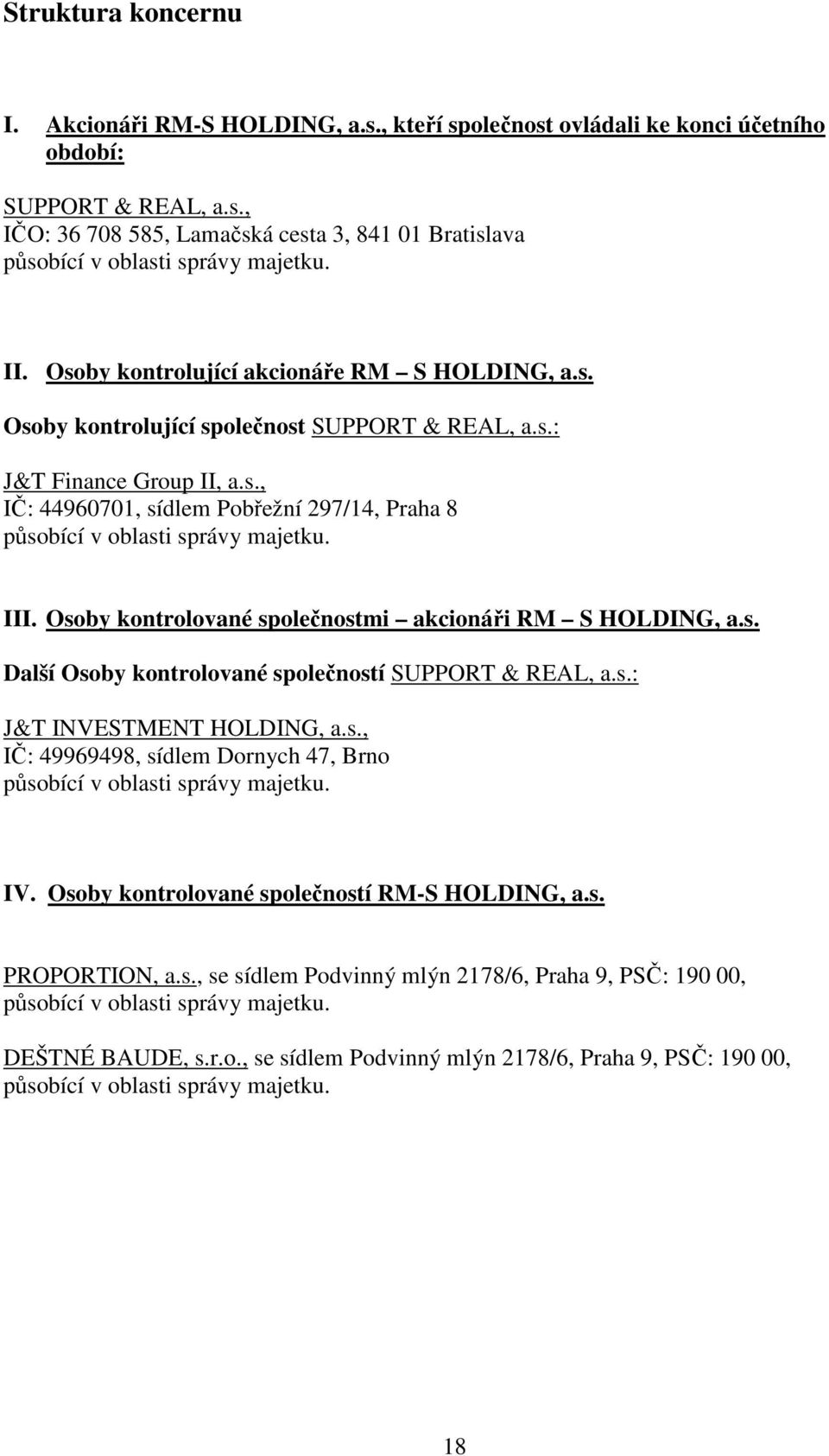 III. Osoby kontrolované společnostmi akcionáři RM S HOLDING, a.s. Další Osoby kontrolované společností SUPPORT & REAL, a.s.: J&T INVESTMENT HOLDING, a.s., IČ: 49969498, sídlem Dornych 47, Brno působící v oblasti správy majetku.