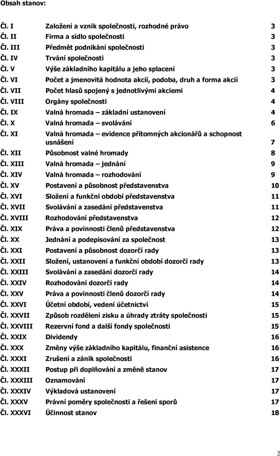 IX Valná hromada základní ustanovení 4 Čl. X Valná hromada svolávání 6 Čl. XI Valná hromada evidence přítomných akcionářů a schopnost usnášení 7 Čl. XII Působnost valné hromady 8 Čl.