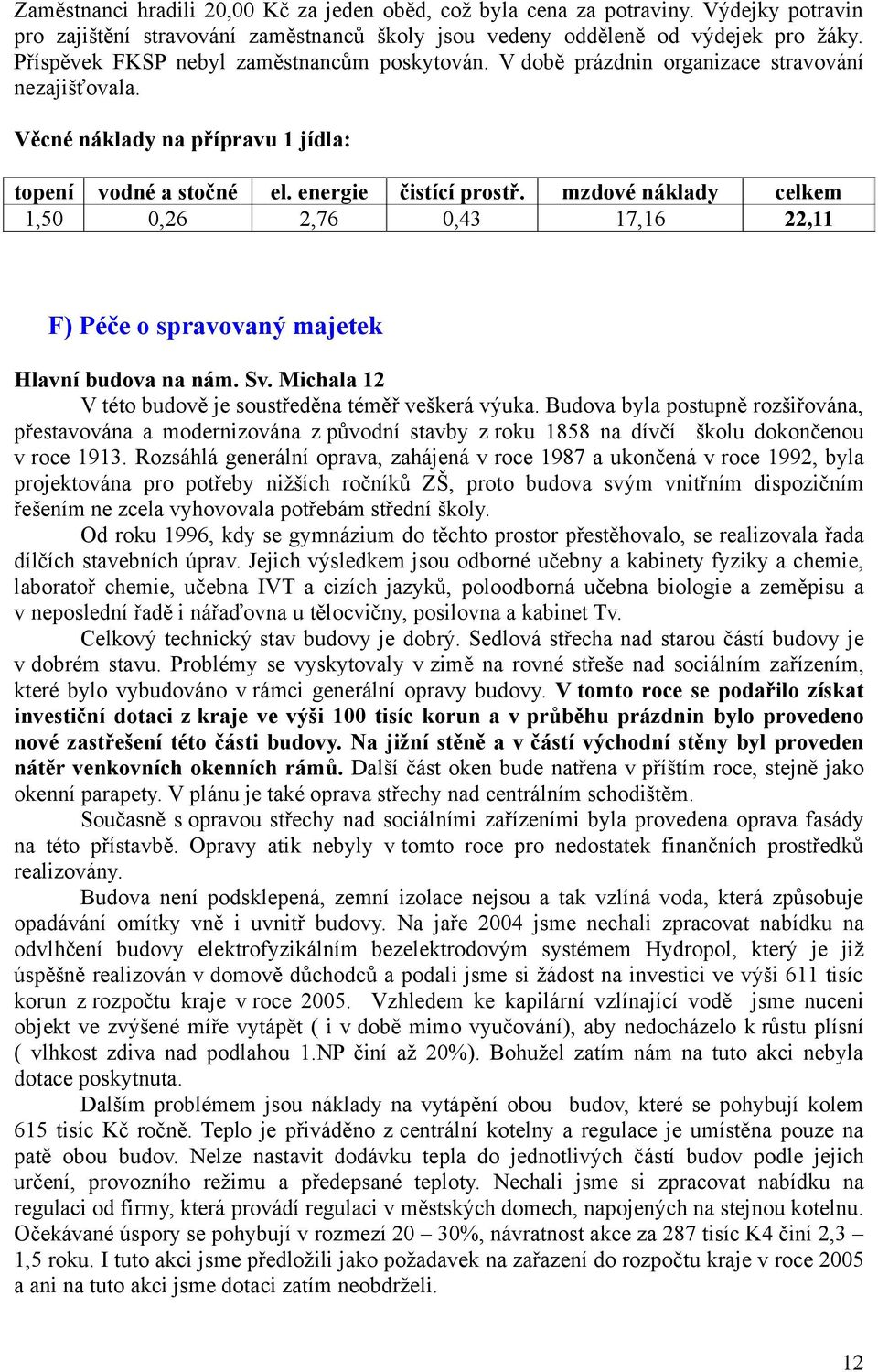 mzdové náklady celkem 1,50 0,26 2,76 0,43 17,16 22,11 F) Péče o spravovaný majetek Hlavní budova na nám. Sv. Michala 12 V této budově je soustředěna téměř veškerá výuka.