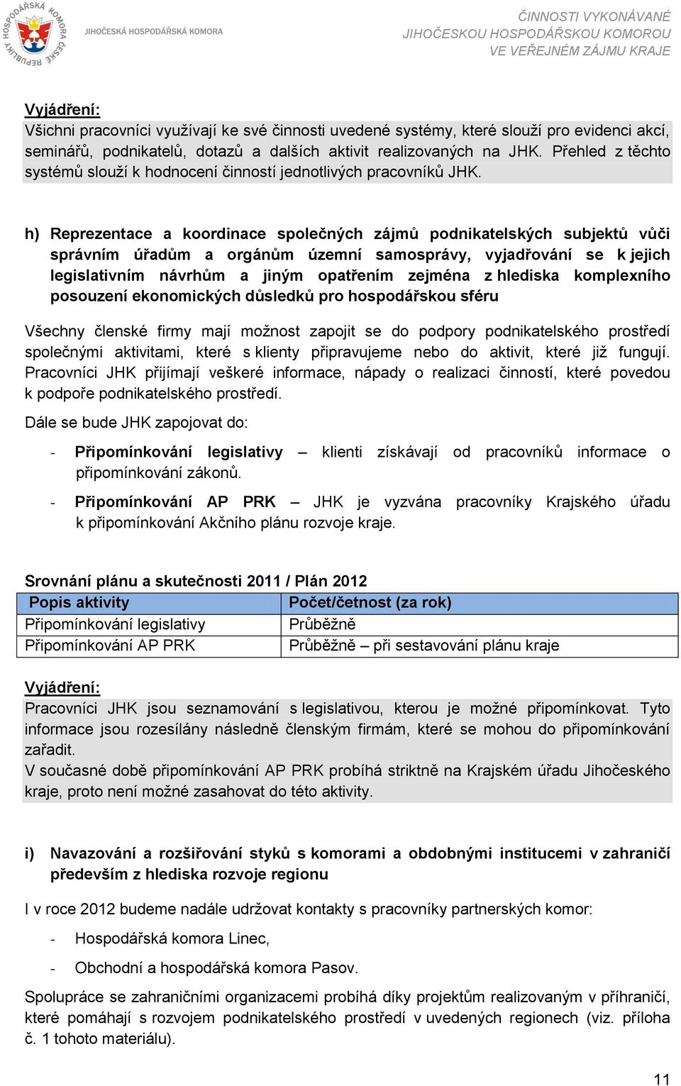 h) Reprezentace a koordinace společných zájmů podnikatelských subjektů vůči správním úřadům a orgánům územní samosprávy, vyjadřování se k jejich legislativním návrhům a jiným opatřením zejména z