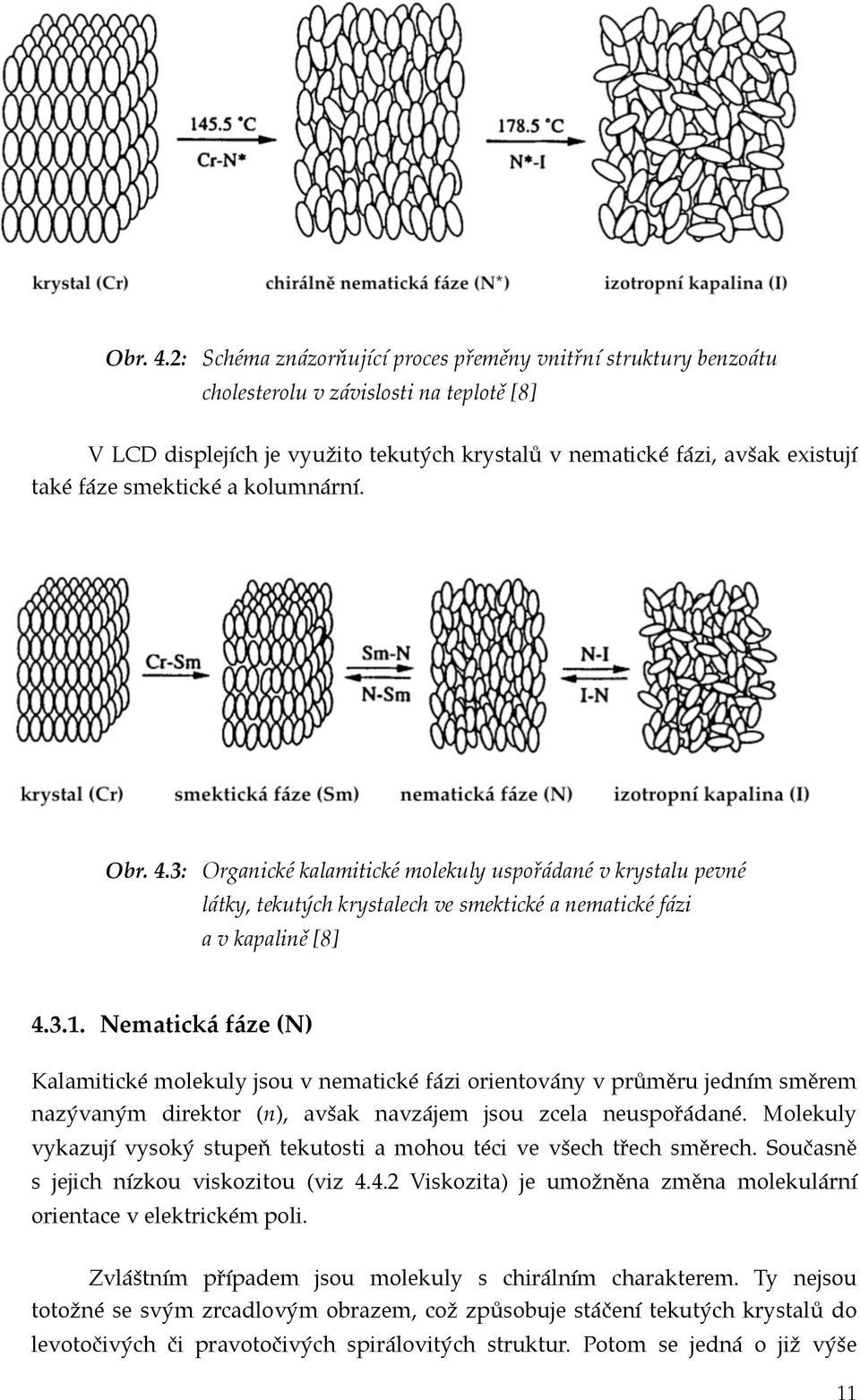 smektické a kolumnární. Obr. 4.3:! Organické kalamitické molekuly uspořádané v krystalu pevné látky, tekutých krystalech ve smektické a nematické fázi a v kapalině [8] 4.3.1.