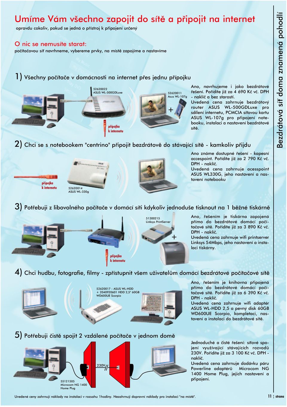 Uvedená cena zahrnuje bezdrátový router ASUS WL 500GDLuxe pro sdílení internetu, PCMCIA sí ovou kartu ASUS WL 107g pro pøipojení note booku, instalaci a nastavení bezdrátové sítì.