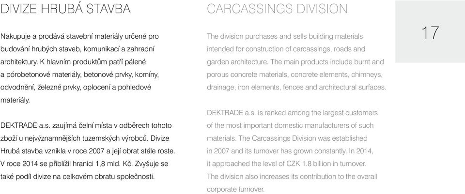 zaujímá čelní místa v odběrech tohoto zboží u nejvýznamnějších tuzemských výrobců. Divize Hrubá stavba vznikla v roce 2007 a její obrat stále roste. V roce 2014 se přiblížil hranici 1,8 mld. Kč.