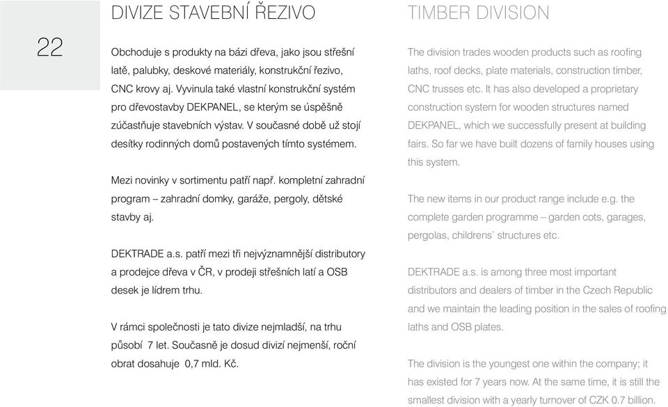 Mezi novinky v sortimentu patří např. kompletní zahradní program zahradní domky, garáže, pergoly, dětské stavby aj. DEKTRADE a.s. patří mezi tři nejvýznamnější distributory a prodejce dřeva v ČR, v prodeji střešních latí a OSB desek je lídrem trhu.