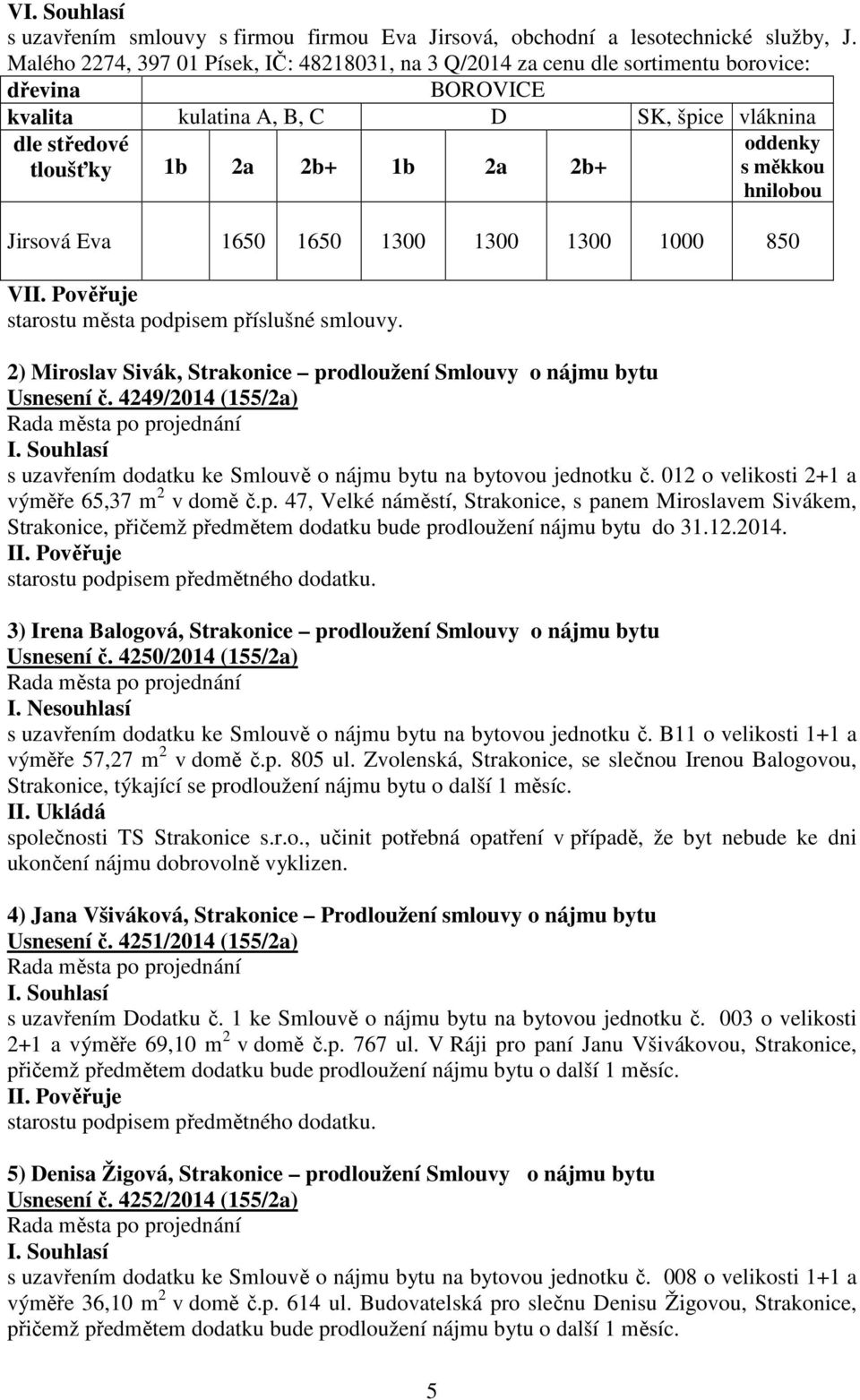 s měkkou hnilobou Jirsová Eva 1650 1650 1300 1300 1300 1000 850 V starostu města podpisem příslušné smlouvy. 2) Miroslav Sivák, Strakonice prodloužení Smlouvy o nájmu bytu Usnesení č.