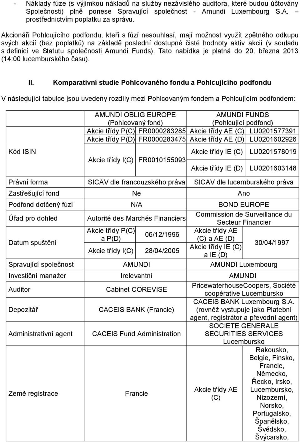 ve Statutu společnosti Amundi Funds). Tato nabídka je platná do 20. března 2013 (14:00 lucemburského času). II.