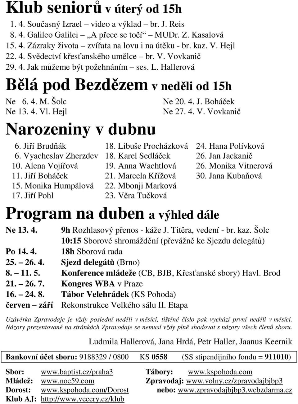 Jiří Brudňák 6. Vyacheslav Zherzdev 10. Alena Vojířová 11. Jiří Boháček 15. Monika Humpálová 17. Jiří Pohl 18. Libuše Procházková 18. Karel Sedláček 19. Anna Wachtlová 21. Marcela Křížová 22.