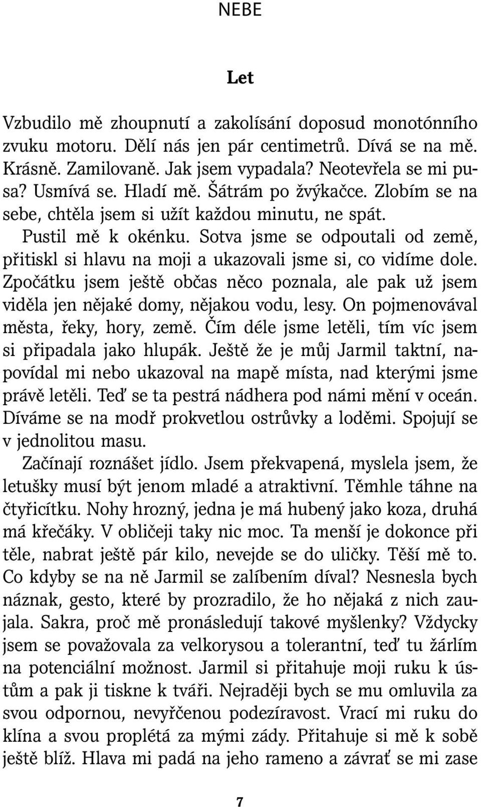 Sotva jsme se odpoutali od země, přitiskl si hlavu na moji a ukazovali jsme si, co vidíme dole. Zpočátku jsem ještě občas něco poznala, ale pak už jsem viděla jen nějaké domy, nějakou vodu, lesy.