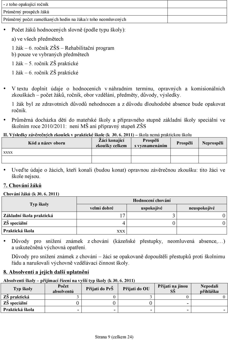 ročník ZŠ praktické V textu doplnit údaje o hodnoceních v náhradním termínu, opravných a komisionálních zkouškách počet žáků, ročník, obor vzdělání, předměty, důvody, výsledky.