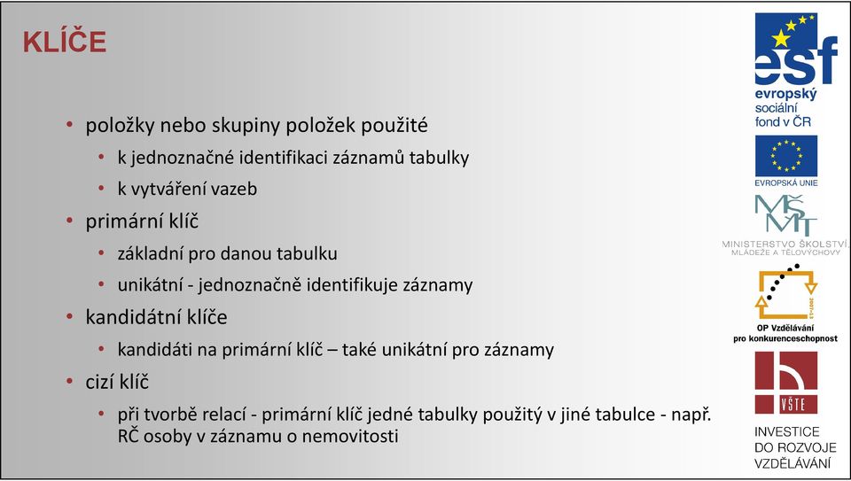 primární klíč také unikátní pro záznamy cizí klíč při tvorbě relací -primární klíč jedné tabulky použitý v jiné