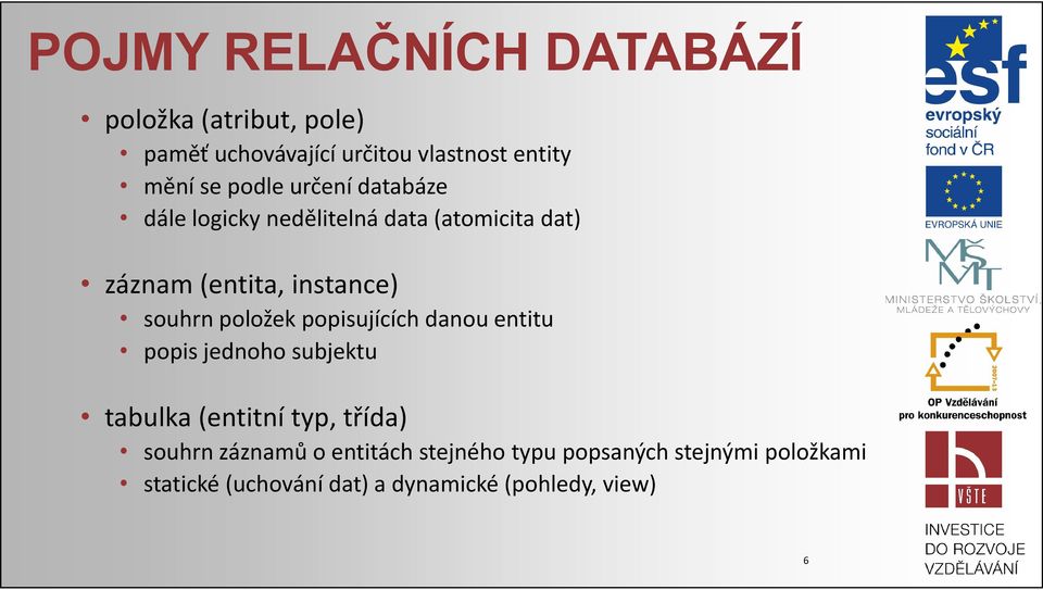 položek popisujících danou entitu popis jednoho subjektu tabulka(entitní typ, třída) souhrn záznamů o