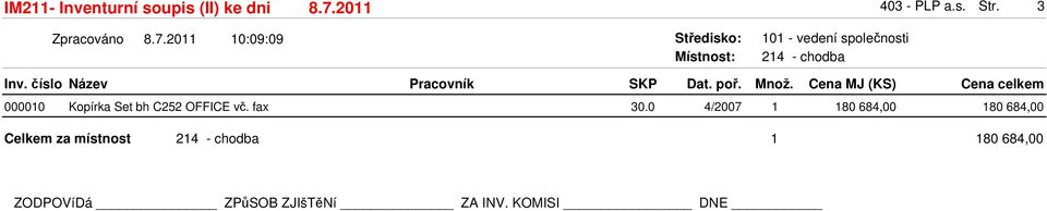 30.0 4/2007 101 - vedení společnosti 214 - chodba Množ.